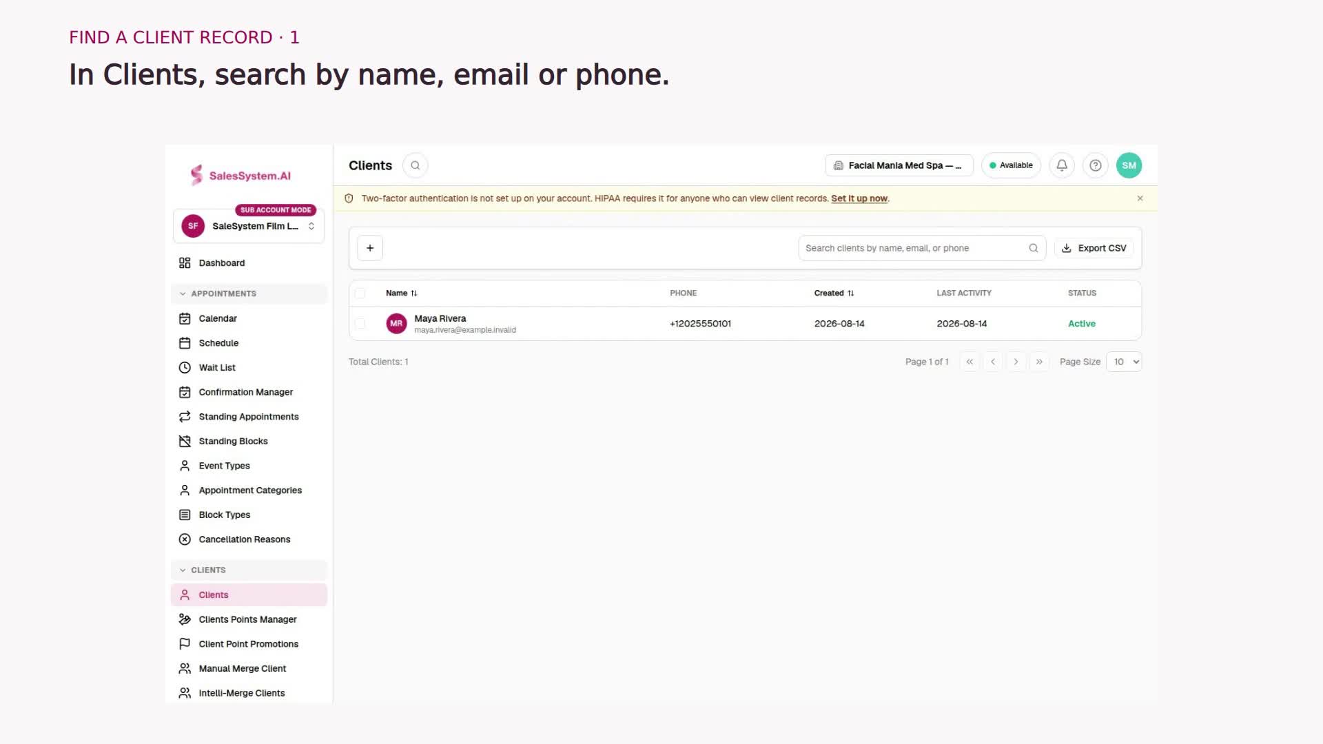 SaleSystem tutorial: Find and open a client record