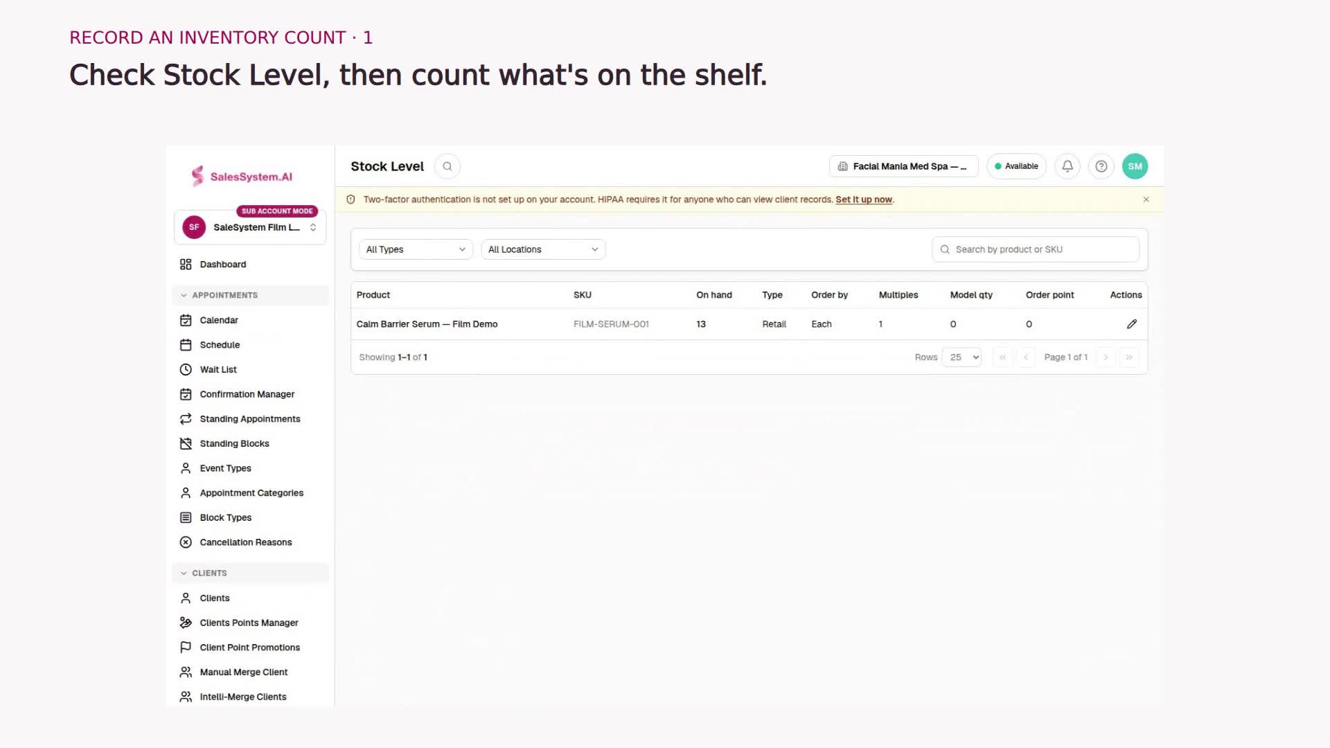 SaleSystem tutorial: Record an inventory count